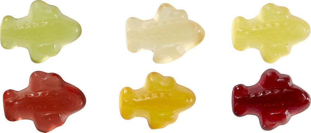 Fruchtgummi-Standardformen 15 g, Flugzeuge im konventionelle Tütchen, Vegan