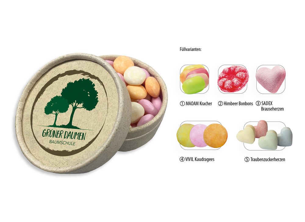 Runddose 89 Graspapier 100 g  ,  Inhalt:  Traubenzuckerherzen bunt (Dose)