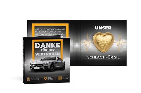 Werbekarte mit Lindt Schokoladen Herzl 5 g