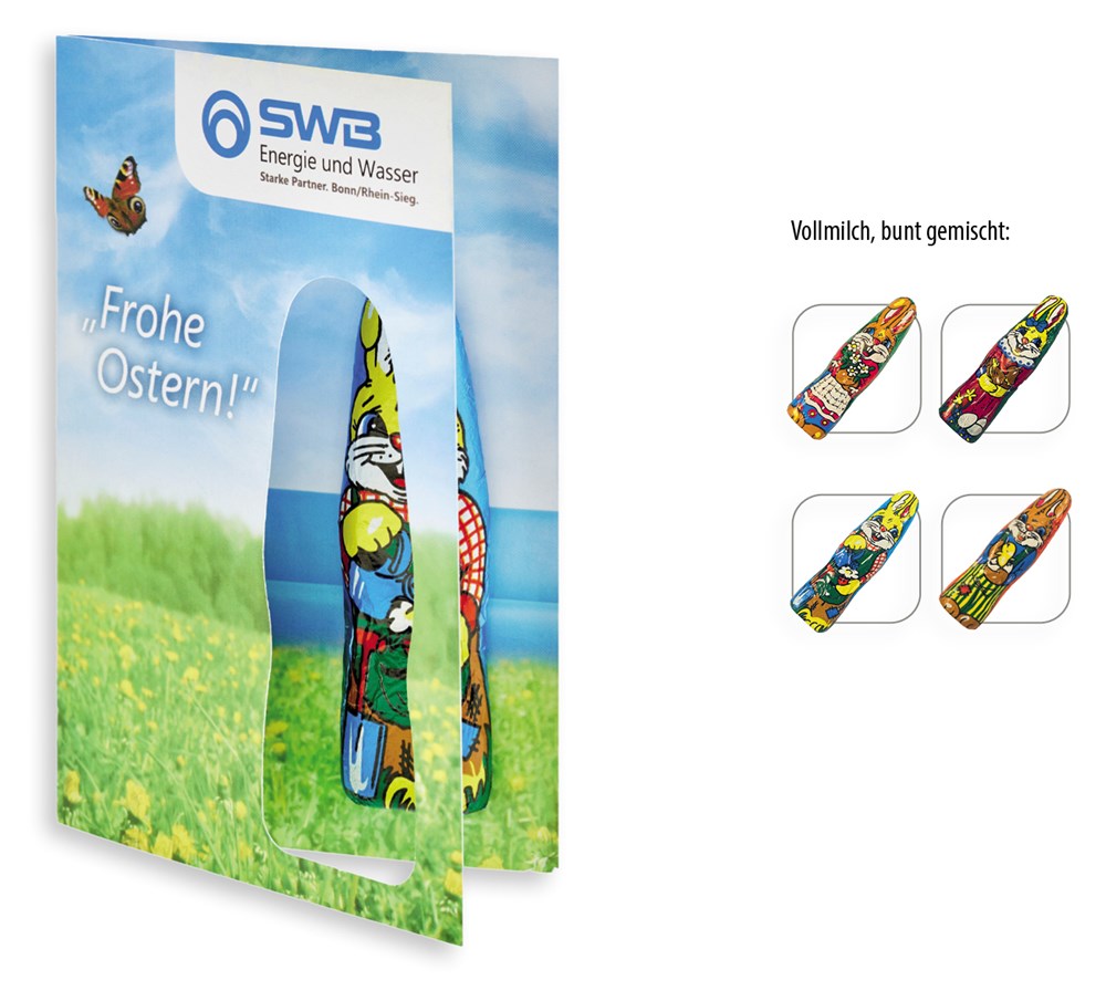 Faltkarte mit individuellem Druck - Schokofigur 1 Stück  ,  Inhalt:  Figur aus Edel-Vollmilchschokolade (Osterhase)
