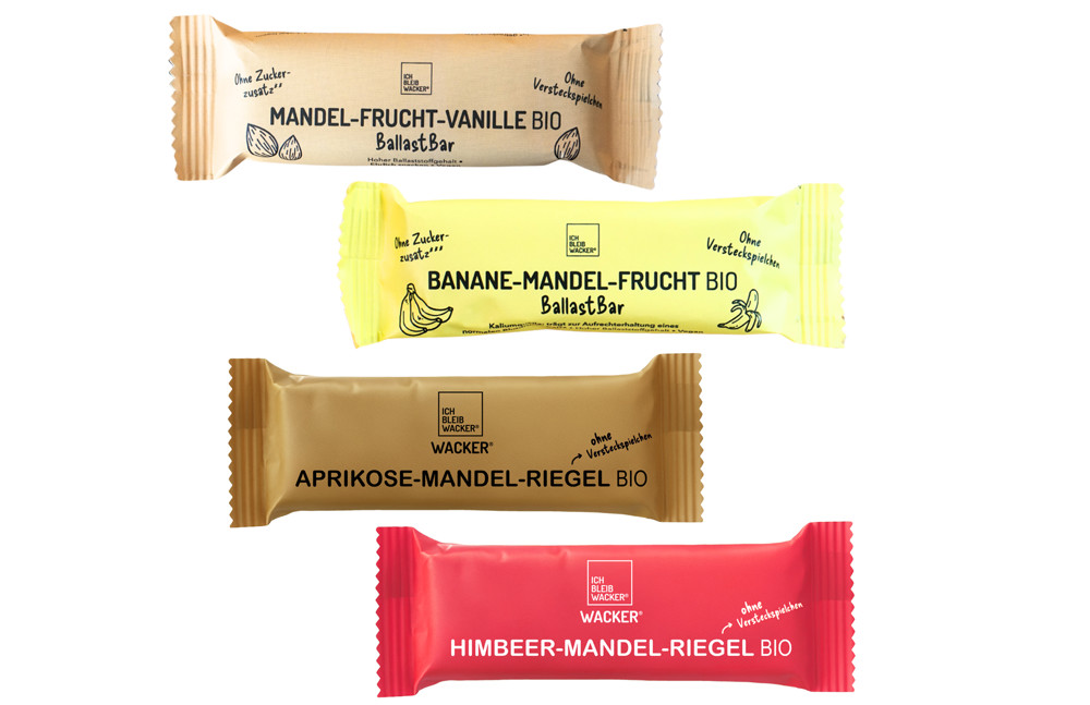 BIO Riegel im Werbeschuber vegan 40 g , Inhalt: BIO Himbeer-Mandel-Riegel